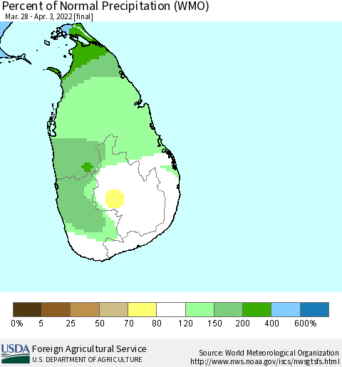 Sri Lanka Percent of Normal Precipitation (WMO) Thematic Map For 3/28/2022 - 4/3/2022