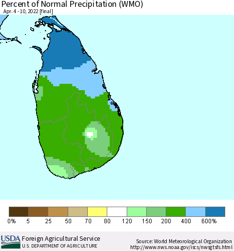 Sri Lanka Percent of Normal Precipitation (WMO) Thematic Map For 4/4/2022 - 4/10/2022