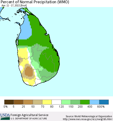 Sri Lanka Percent of Normal Precipitation (WMO) Thematic Map For 4/11/2022 - 4/17/2022