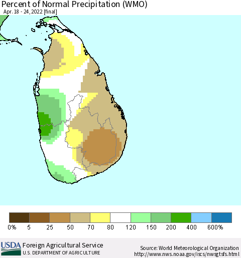 Sri Lanka Percent of Normal Precipitation (WMO) Thematic Map For 4/18/2022 - 4/24/2022