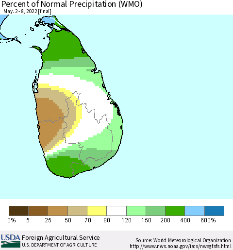 Sri Lanka Percent of Normal Precipitation (WMO) Thematic Map For 5/2/2022 - 5/8/2022