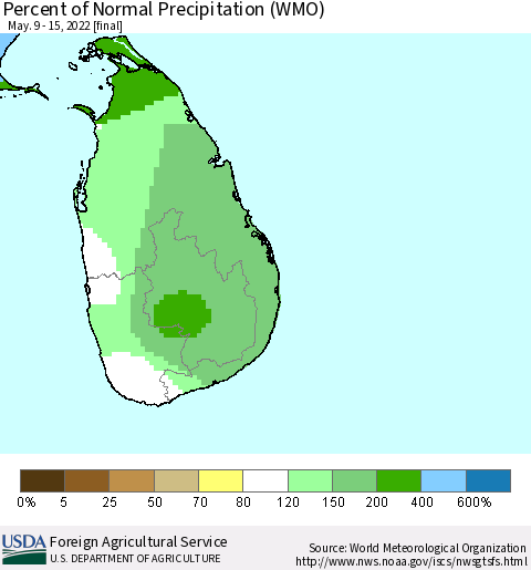 Sri Lanka Percent of Normal Precipitation (WMO) Thematic Map For 5/9/2022 - 5/15/2022