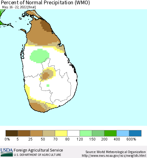 Sri Lanka Percent of Normal Precipitation (WMO) Thematic Map For 5/16/2022 - 5/22/2022