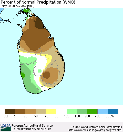 Sri Lanka Percent of Normal Precipitation (WMO) Thematic Map For 5/30/2022 - 6/5/2022