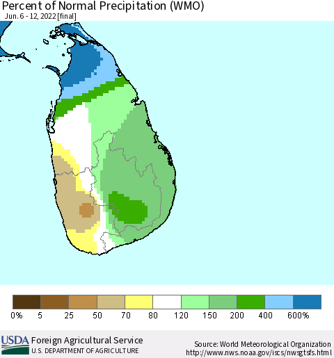 Sri Lanka Percent of Normal Precipitation (WMO) Thematic Map For 6/6/2022 - 6/12/2022