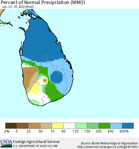 Sri Lanka Percent of Normal Precipitation (WMO) Thematic Map For 6/13/2022 - 6/19/2022