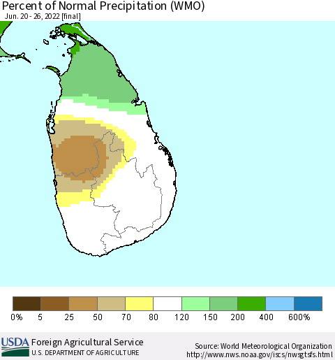 Sri Lanka Percent of Normal Precipitation (WMO) Thematic Map For 6/20/2022 - 6/26/2022