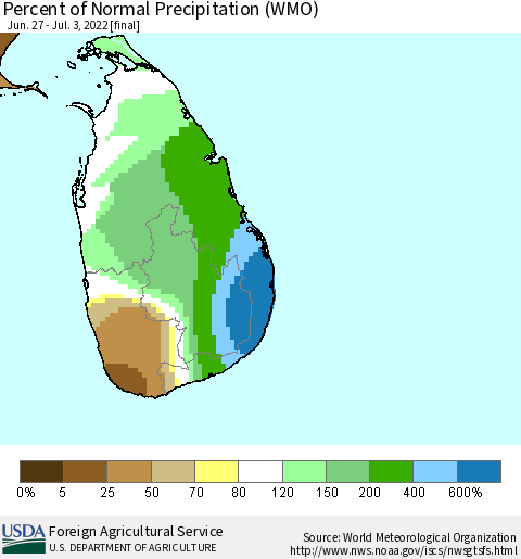 Sri Lanka Percent of Normal Precipitation (WMO) Thematic Map For 6/27/2022 - 7/3/2022