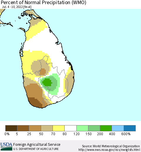 Sri Lanka Percent of Normal Precipitation (WMO) Thematic Map For 7/4/2022 - 7/10/2022