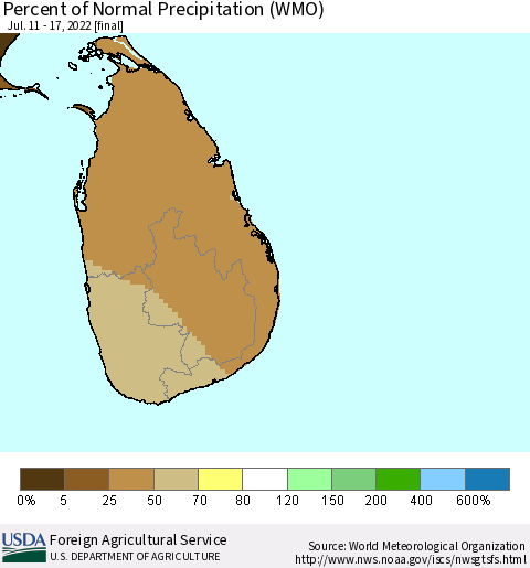 Sri Lanka Percent of Normal Precipitation (WMO) Thematic Map For 7/11/2022 - 7/17/2022