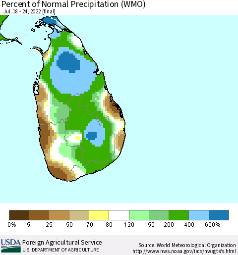 Sri Lanka Percent of Normal Precipitation (WMO) Thematic Map For 7/18/2022 - 7/24/2022