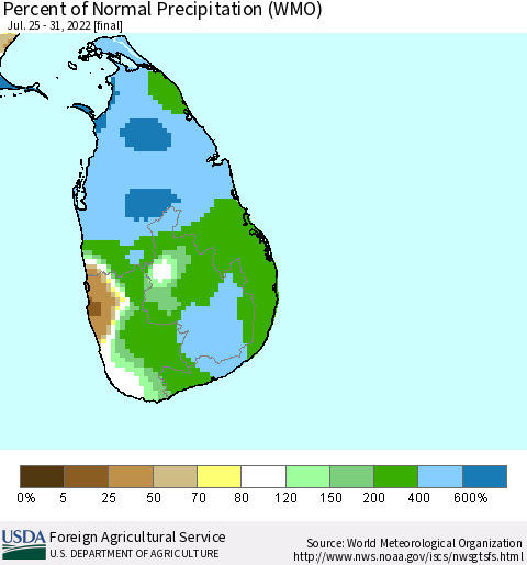 Sri Lanka Percent of Normal Precipitation (WMO) Thematic Map For 7/25/2022 - 7/31/2022