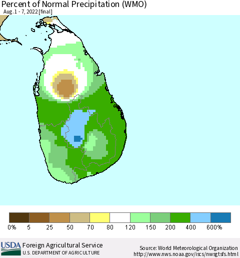 Sri Lanka Percent of Normal Precipitation (WMO) Thematic Map For 8/1/2022 - 8/7/2022