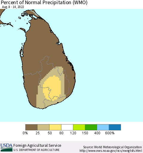 Sri Lanka Percent of Normal Precipitation (WMO) Thematic Map For 8/8/2022 - 8/14/2022