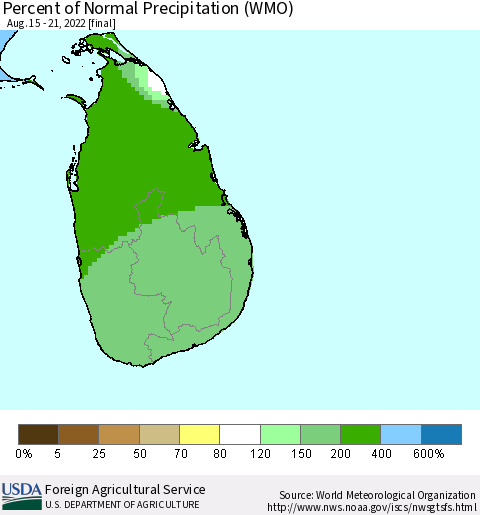 Sri Lanka Percent of Normal Precipitation (WMO) Thematic Map For 8/15/2022 - 8/21/2022