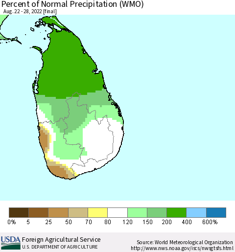Sri Lanka Percent of Normal Precipitation (WMO) Thematic Map For 8/22/2022 - 8/28/2022