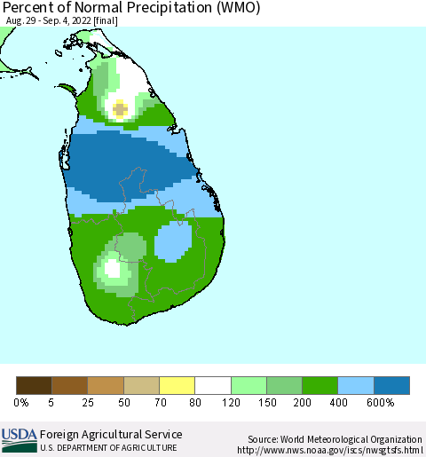 Sri Lanka Percent of Normal Precipitation (WMO) Thematic Map For 8/29/2022 - 9/4/2022