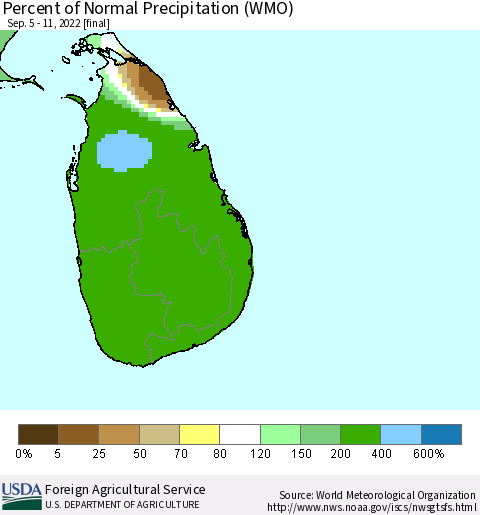 Sri Lanka Percent of Normal Precipitation (WMO) Thematic Map For 9/5/2022 - 9/11/2022