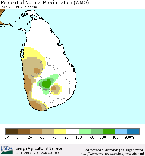 Sri Lanka Percent of Normal Precipitation (WMO) Thematic Map For 9/26/2022 - 10/2/2022