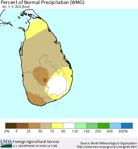 Sri Lanka Percent of Normal Precipitation (WMO) Thematic Map For 10/3/2022 - 10/9/2022
