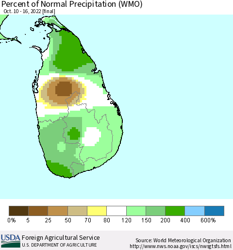Sri Lanka Percent of Normal Precipitation (WMO) Thematic Map For 10/10/2022 - 10/16/2022