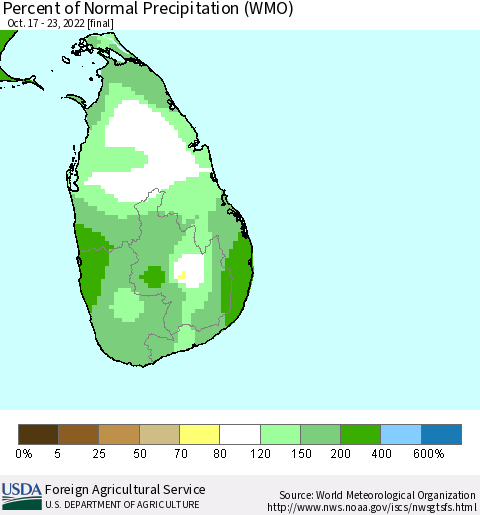 Sri Lanka Percent of Normal Precipitation (WMO) Thematic Map For 10/17/2022 - 10/23/2022