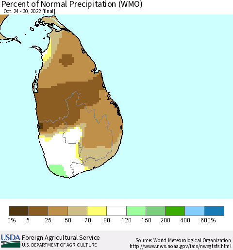 Sri Lanka Percent of Normal Precipitation (WMO) Thematic Map For 10/24/2022 - 10/30/2022