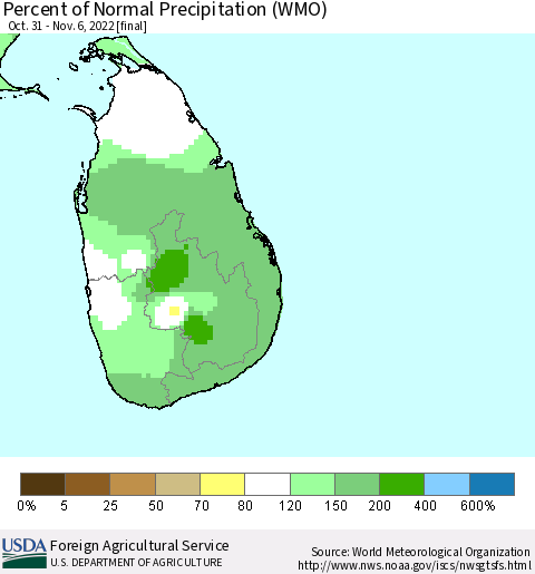 Sri Lanka Percent of Normal Precipitation (WMO) Thematic Map For 10/31/2022 - 11/6/2022