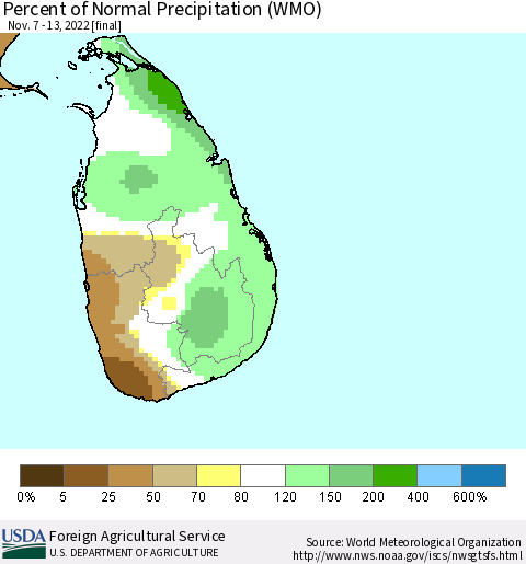 Sri Lanka Percent of Normal Precipitation (WMO) Thematic Map For 11/7/2022 - 11/13/2022