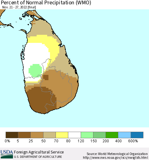Sri Lanka Percent of Normal Precipitation (WMO) Thematic Map For 11/21/2022 - 11/27/2022