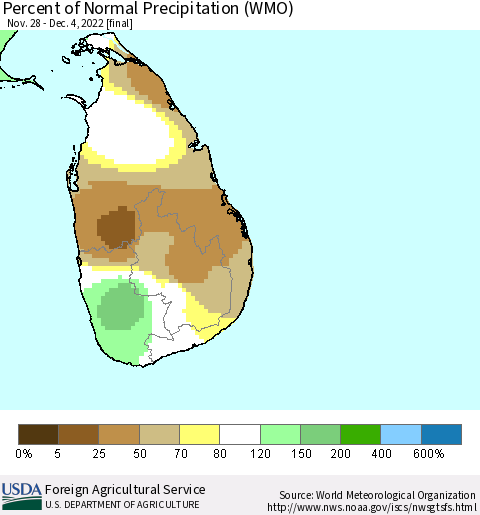 Sri Lanka Percent of Normal Precipitation (WMO) Thematic Map For 11/28/2022 - 12/4/2022