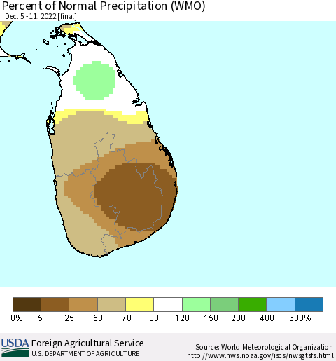 Sri Lanka Percent of Normal Precipitation (WMO) Thematic Map For 12/5/2022 - 12/11/2022