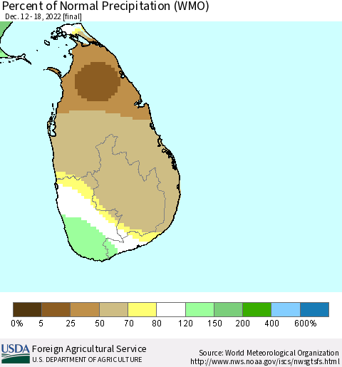 Sri Lanka Percent of Normal Precipitation (WMO) Thematic Map For 12/12/2022 - 12/18/2022