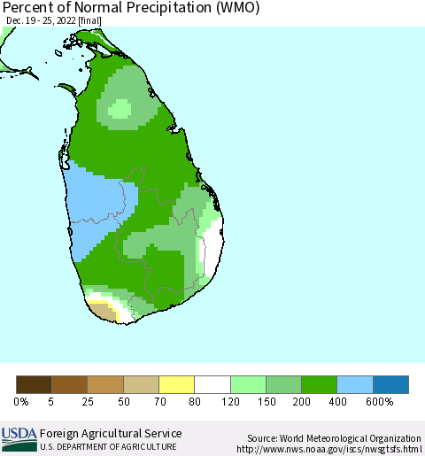 Sri Lanka Percent of Normal Precipitation (WMO) Thematic Map For 12/19/2022 - 12/25/2022