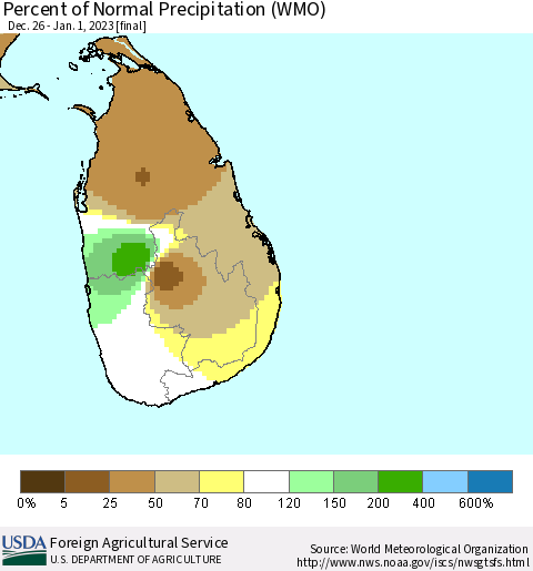 Sri Lanka Percent of Normal Precipitation (WMO) Thematic Map For 12/26/2022 - 1/1/2023