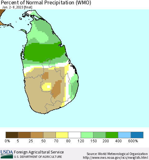 Sri Lanka Percent of Normal Precipitation (WMO) Thematic Map For 1/2/2023 - 1/8/2023