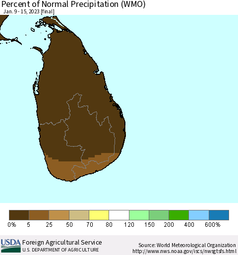 Sri Lanka Percent of Normal Precipitation (WMO) Thematic Map For 1/9/2023 - 1/15/2023