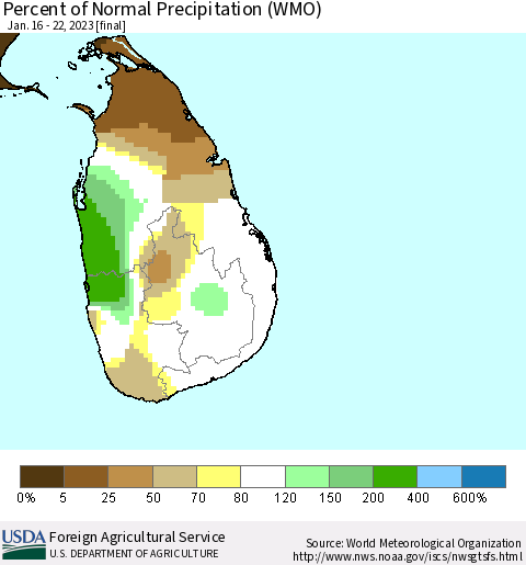 Sri Lanka Percent of Normal Precipitation (WMO) Thematic Map For 1/16/2023 - 1/22/2023