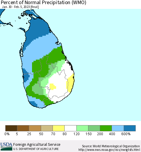 Sri Lanka Percent of Normal Precipitation (WMO) Thematic Map For 1/30/2023 - 2/5/2023