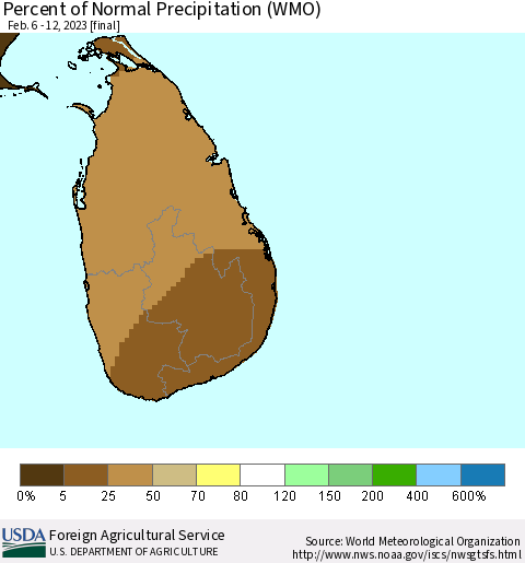 Sri Lanka Percent of Normal Precipitation (WMO) Thematic Map For 2/6/2023 - 2/12/2023