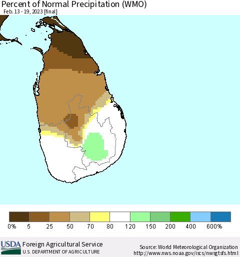 Sri Lanka Percent of Normal Precipitation (WMO) Thematic Map For 2/13/2023 - 2/19/2023