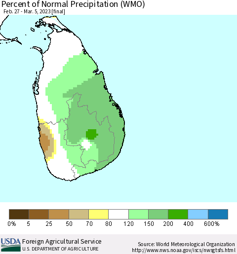 Sri Lanka Percent of Normal Precipitation (WMO) Thematic Map For 2/27/2023 - 3/5/2023