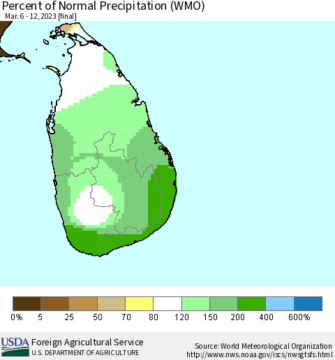 Sri Lanka Percent of Normal Precipitation (WMO) Thematic Map For 3/6/2023 - 3/12/2023