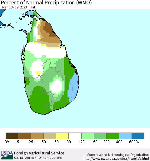 Sri Lanka Percent of Normal Precipitation (WMO) Thematic Map For 3/13/2023 - 3/19/2023