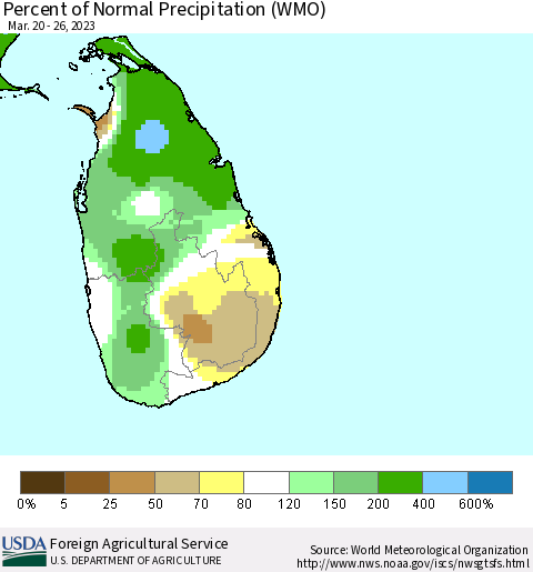 Sri Lanka Percent of Normal Precipitation (WMO) Thematic Map For 3/20/2023 - 3/26/2023