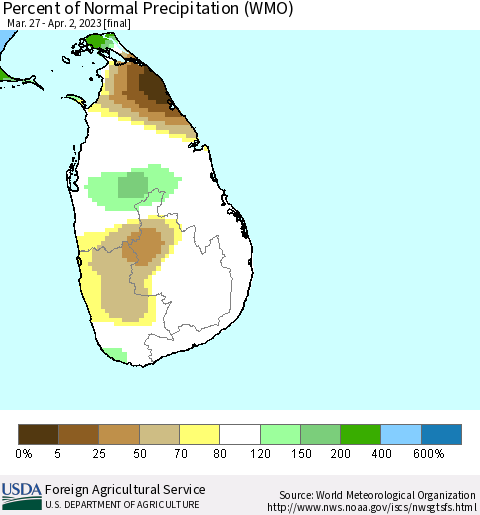 Sri Lanka Percent of Normal Precipitation (WMO) Thematic Map For 3/27/2023 - 4/2/2023