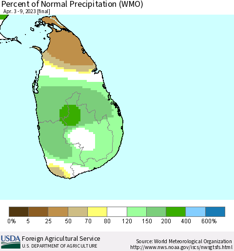 Sri Lanka Percent of Normal Precipitation (WMO) Thematic Map For 4/3/2023 - 4/9/2023