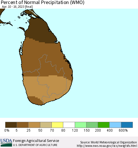 Sri Lanka Percent of Normal Precipitation (WMO) Thematic Map For 4/10/2023 - 4/16/2023