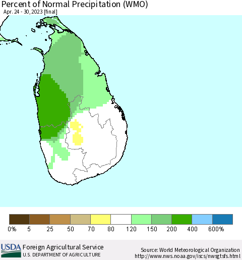 Sri Lanka Percent of Normal Precipitation (WMO) Thematic Map For 4/24/2023 - 4/30/2023