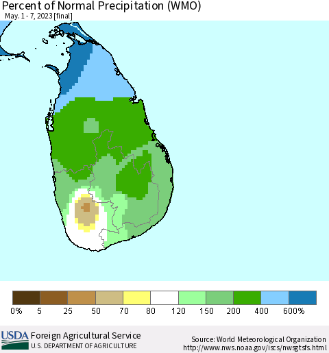 Sri Lanka Percent of Normal Precipitation (WMO) Thematic Map For 5/1/2023 - 5/7/2023